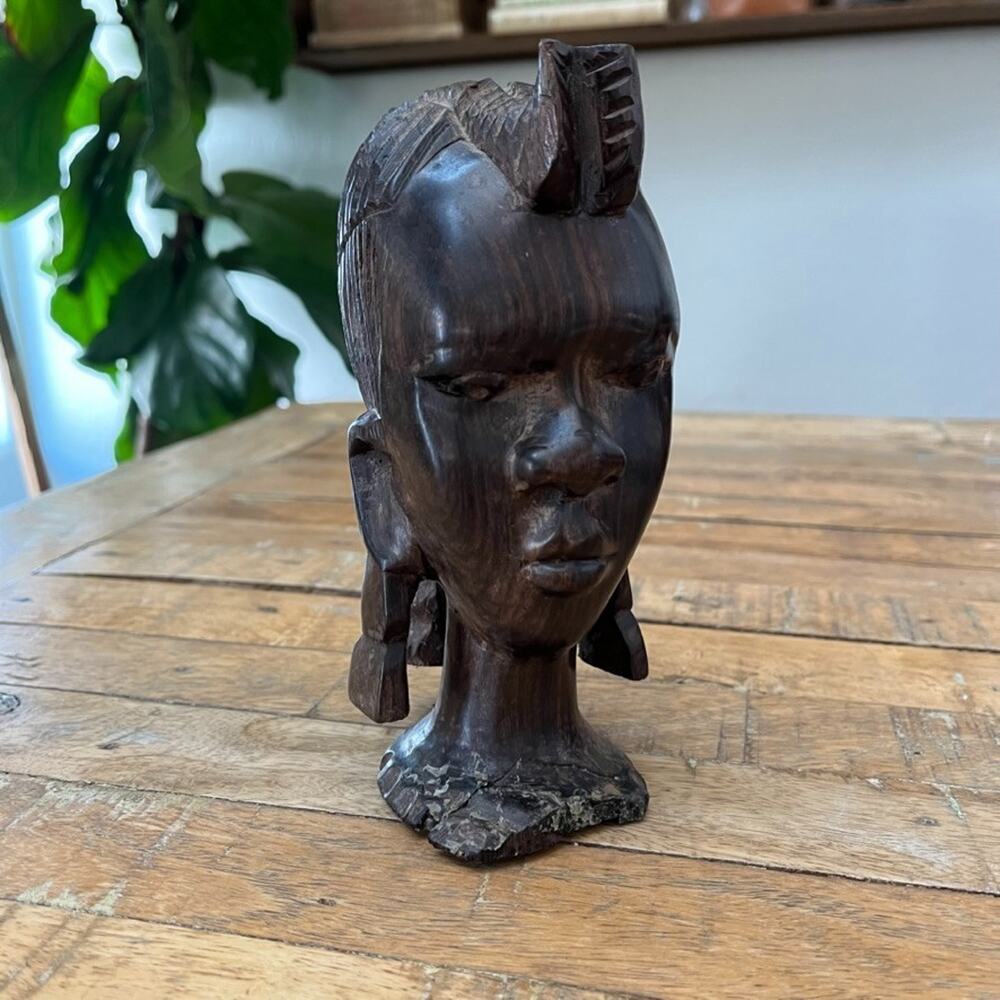 Vintage Hand Carved Dark Wood Bust African Tribal Figure Detailed Hair